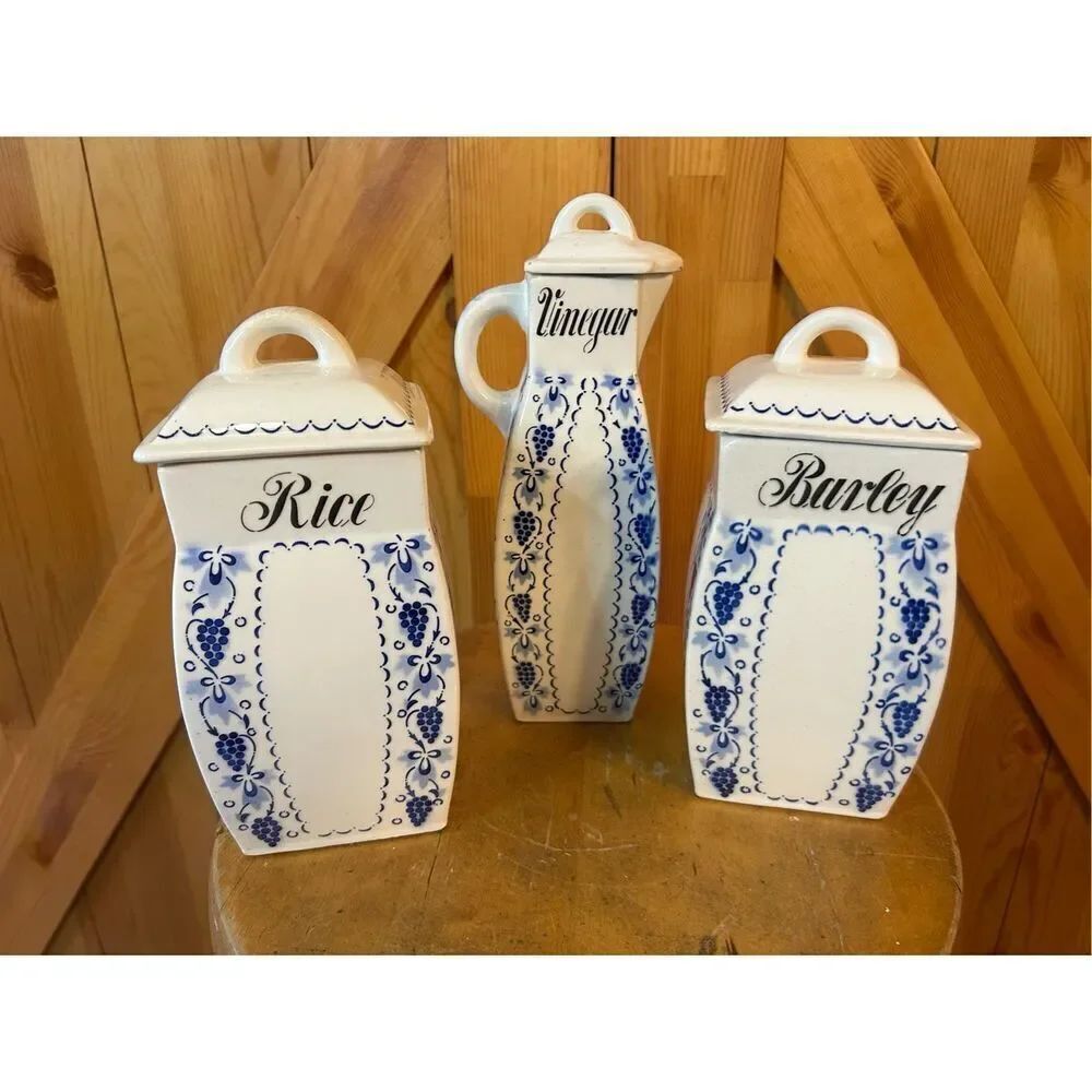 Karin Germany Blue White Ceramic Pottery Canisters Grape Pattern (8881) Damaged